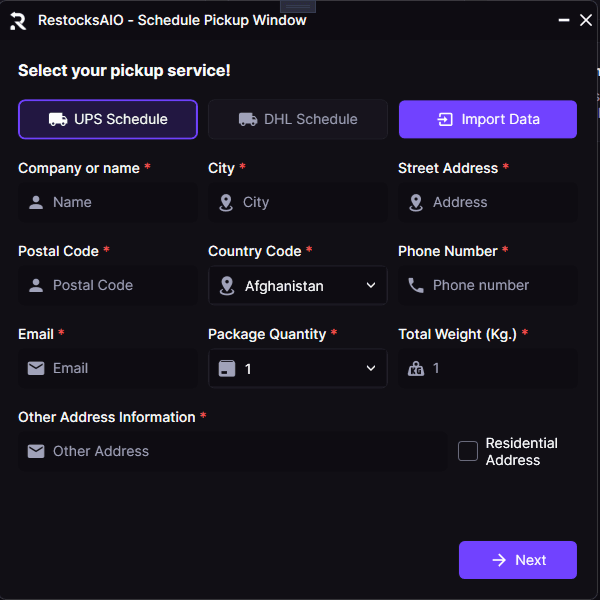 Schedule Pickup window in RestocksAIO with carrier pickup form controls