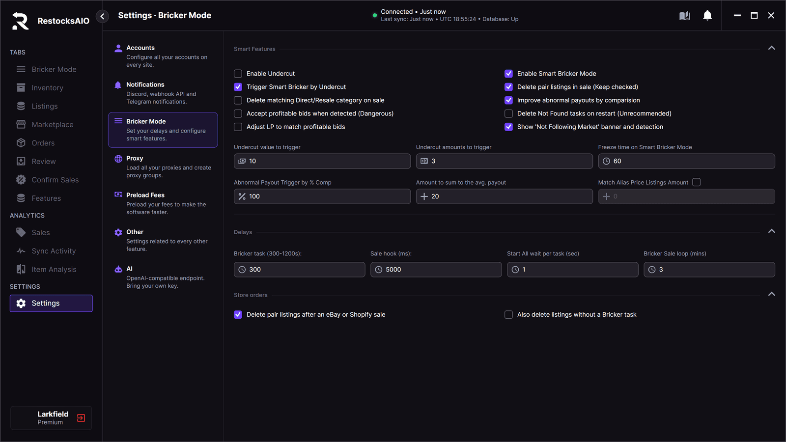 Settings, Bricker Mode in RestocksAIO: the Store orders section with its two check boxes