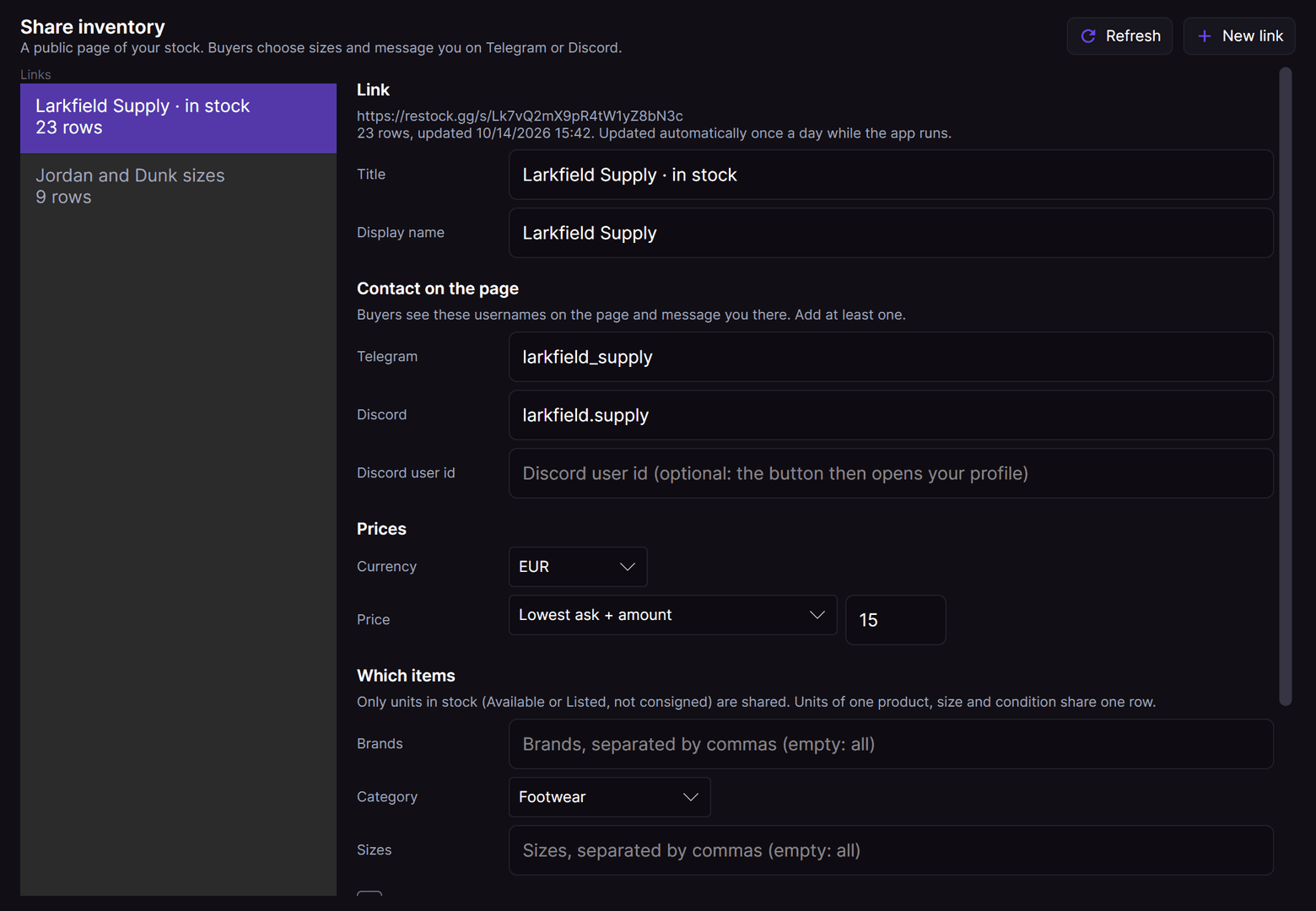 The Share inventory window of RestocksAIO: the links, the address, the Telegram and Discord usernames, the price rule and the filters