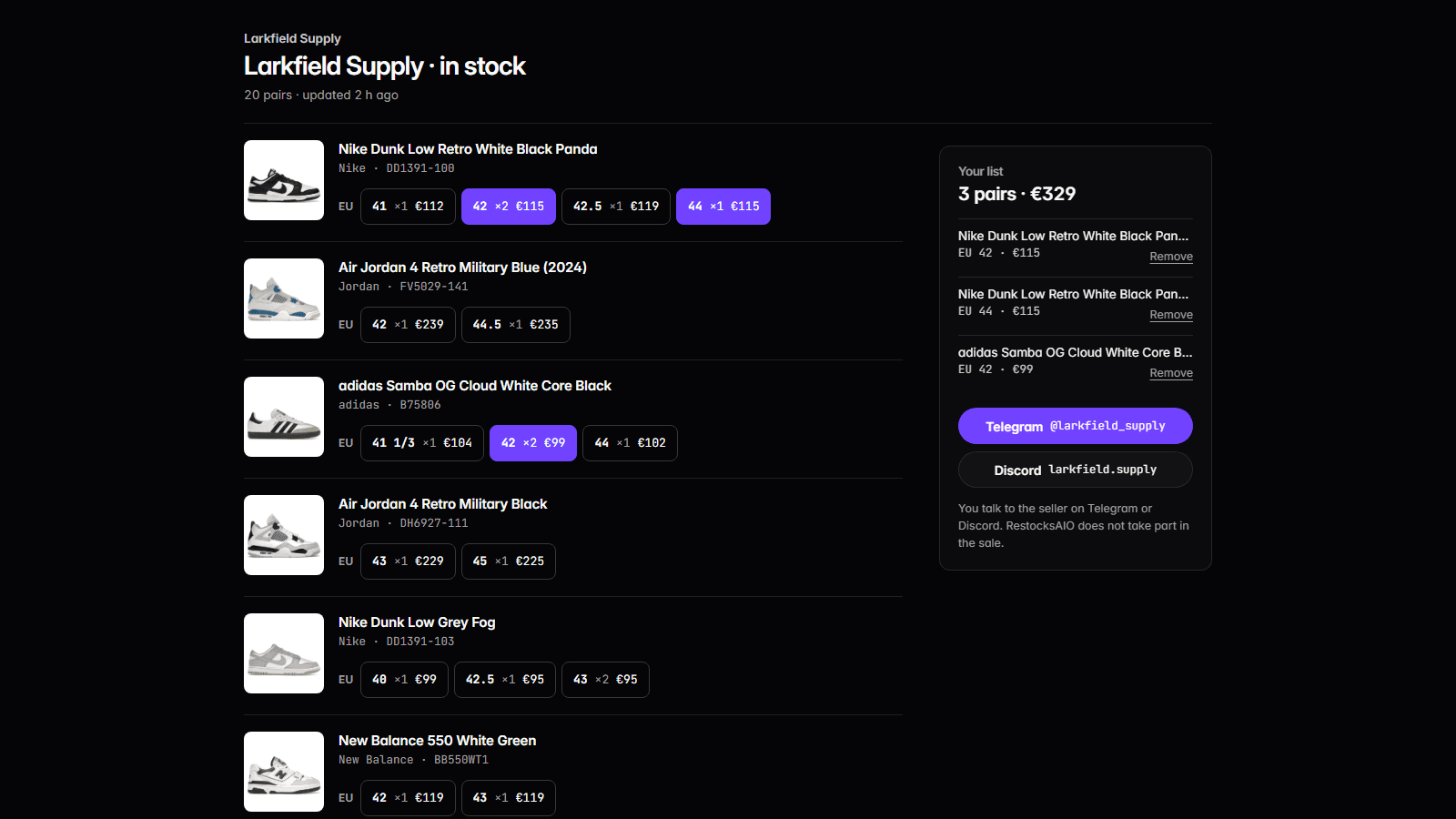 Share your sneaker inventory as a link: the public stock list of a RestocksAIO share link with sizes, prices and the buyer's list