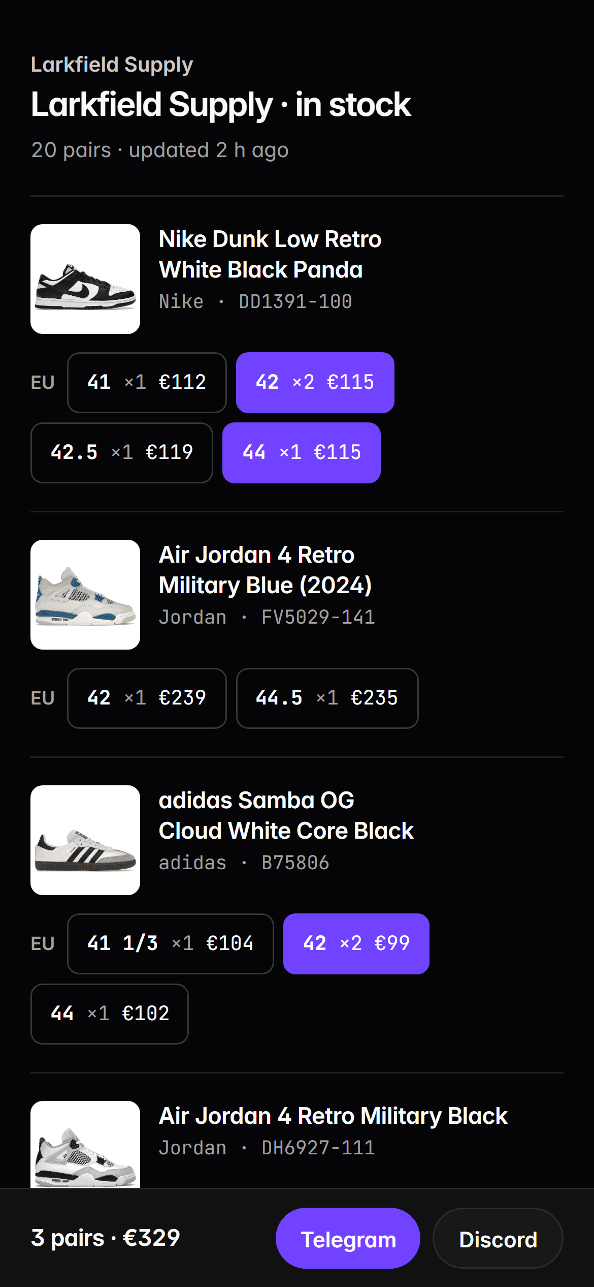 A RestocksAIO share link on a phone: size chips of three sneakers and the bar with 3 pairs, the total and the Telegram and Discord buttons