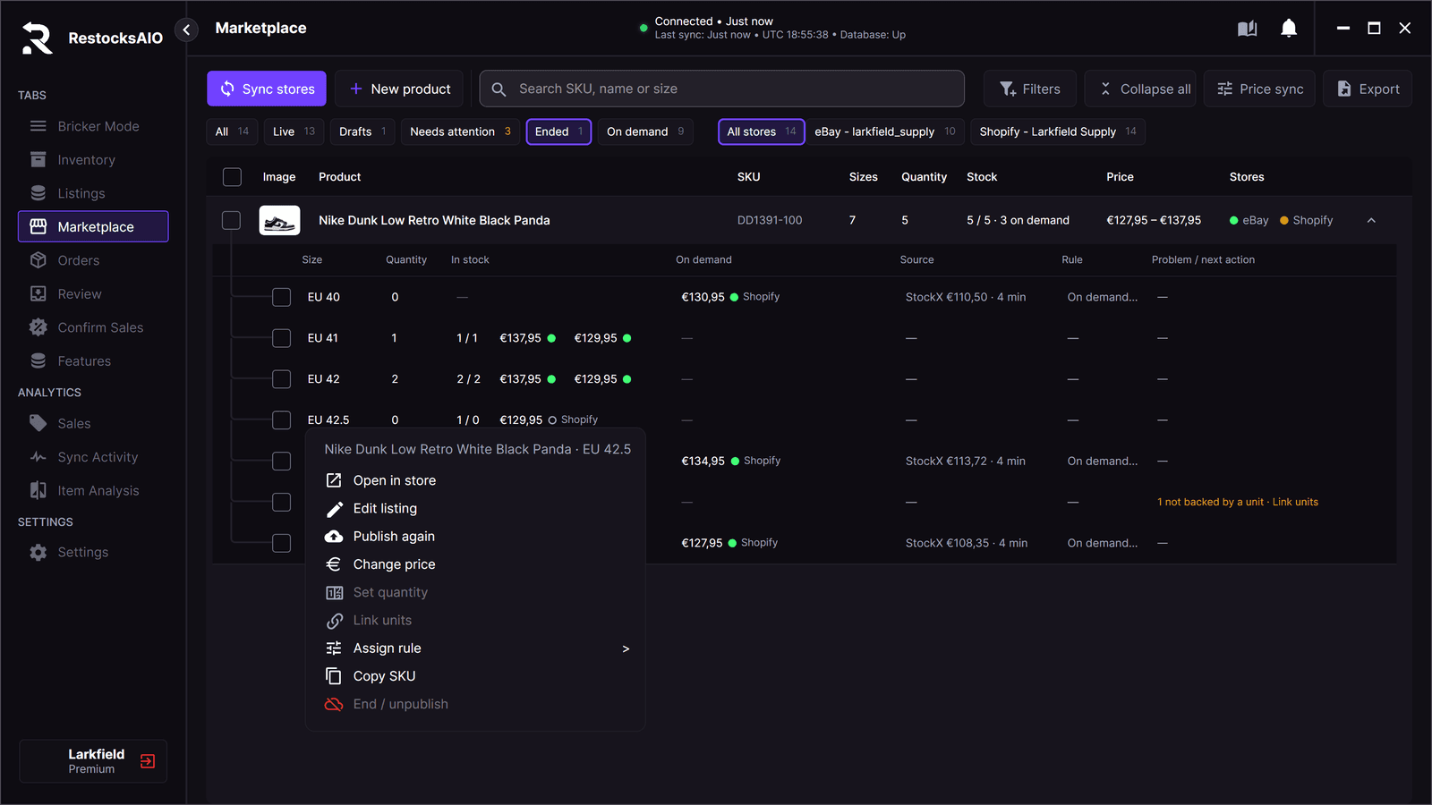 The Marketplace tab, Ended chip: one ended size of a Shopify product and its row menu with Publish again