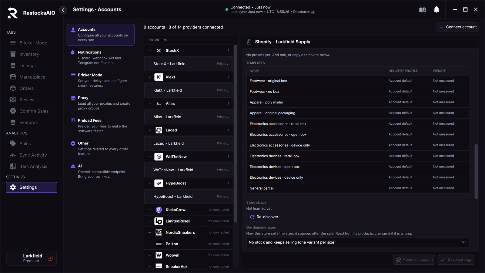 Shopify sneaker store inventory: the On-demand sizes setting of one store in Settings, Accounts