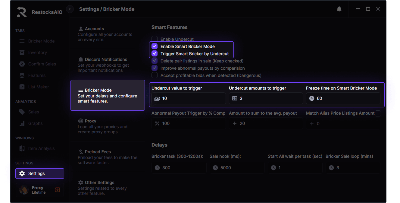 RestocksAIO Smart Bricker Mode with payout floors and auto-pause controls