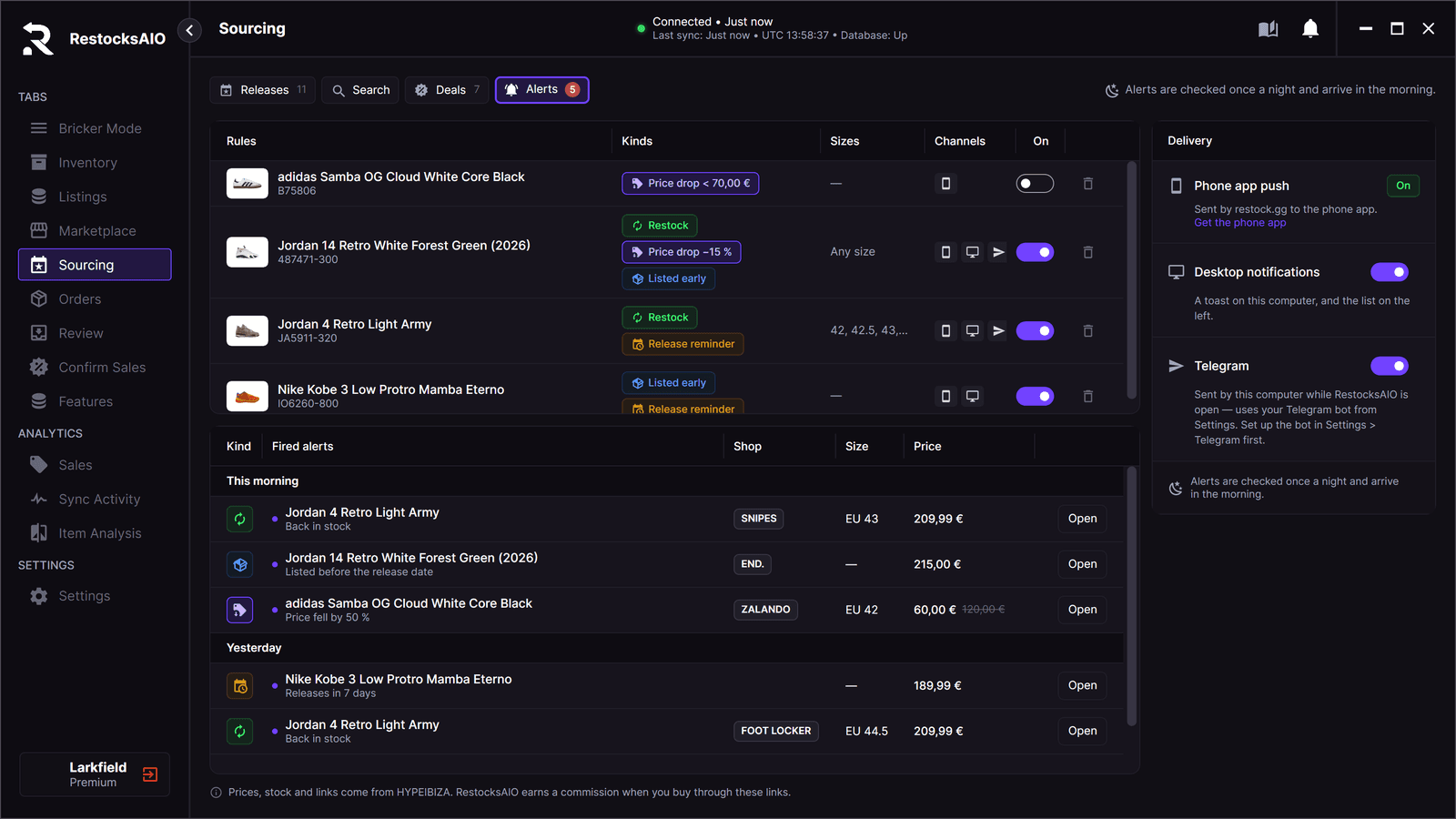 Sneaker restock alerts in RestocksAIO Sourcing: the watched products, the alerts of this morning and yesterday, and the delivery channels