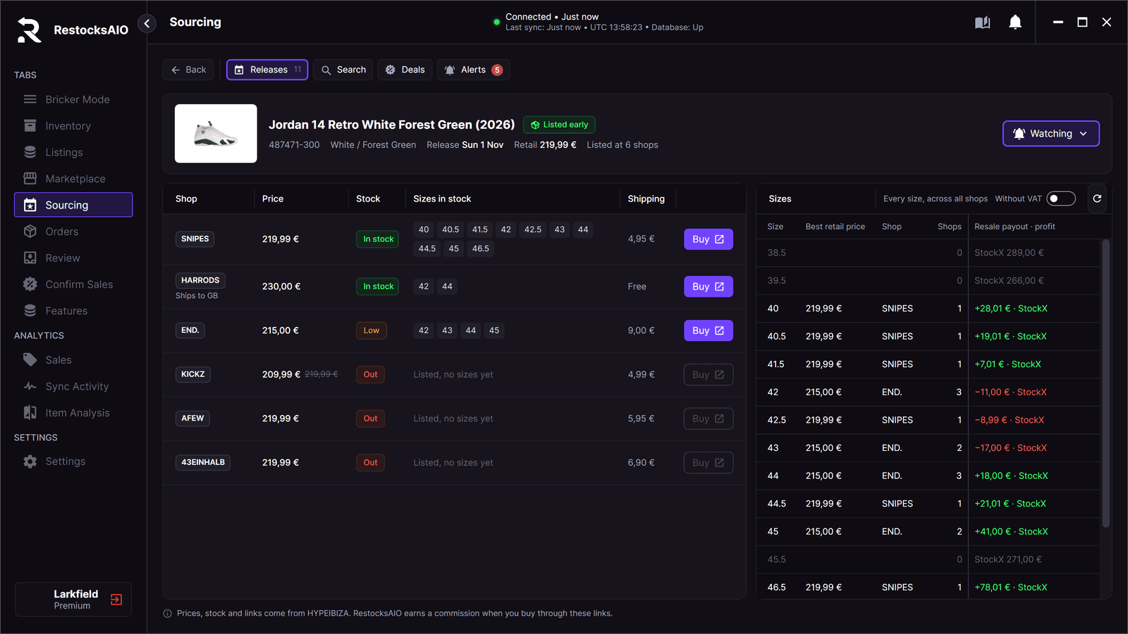 Sneaker profit per size in RestocksAIO Sourcing: each shop's price and stock, and for every size the best retail price against the StockX payout, with the profit or loss