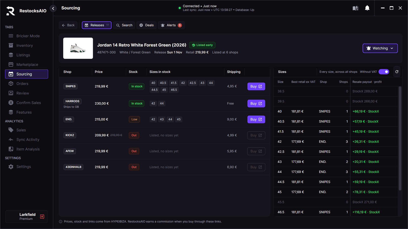 RestocksAIO Sourcing with Without VAT on: the best retail price per size without VAT and the profit of each size against the StockX payout