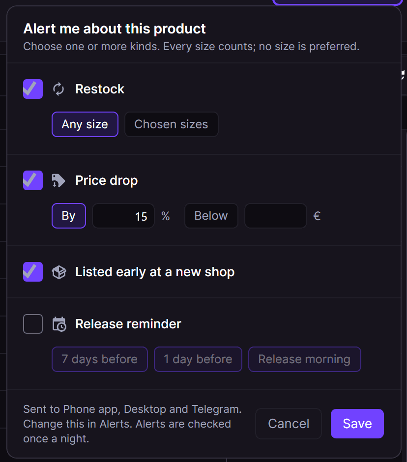 The Watch menu of RestocksAIO Sourcing: restock for any or chosen sizes, price drop by percent or below a price, listed early at a new shop and release reminders
