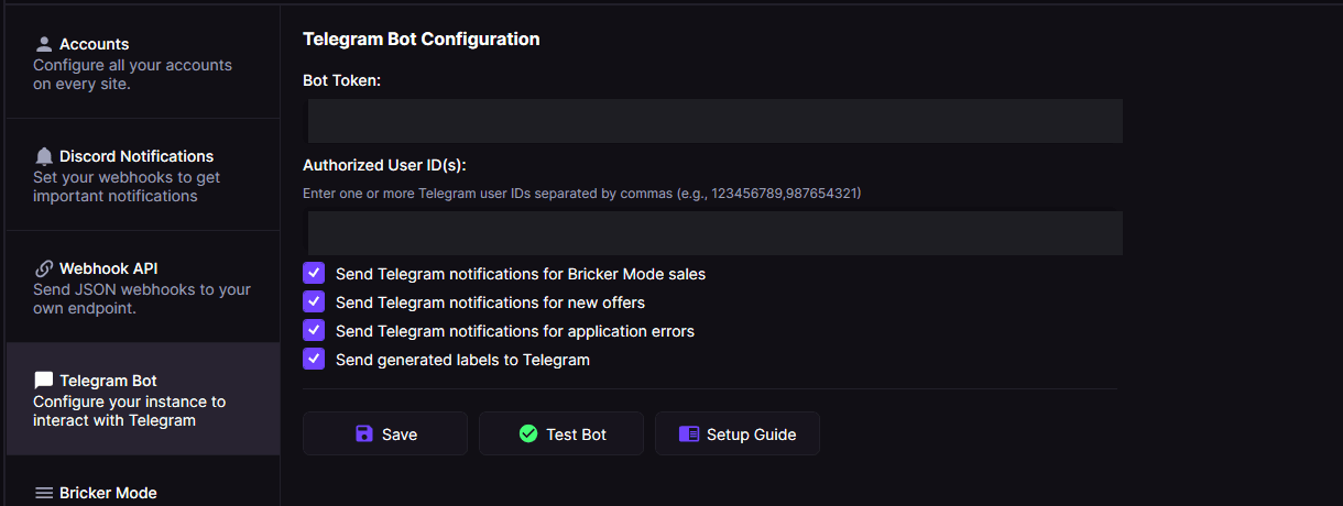 RestocksAIO Telegram bot showing an offer with an inline Accept Offer button and Bricker commands