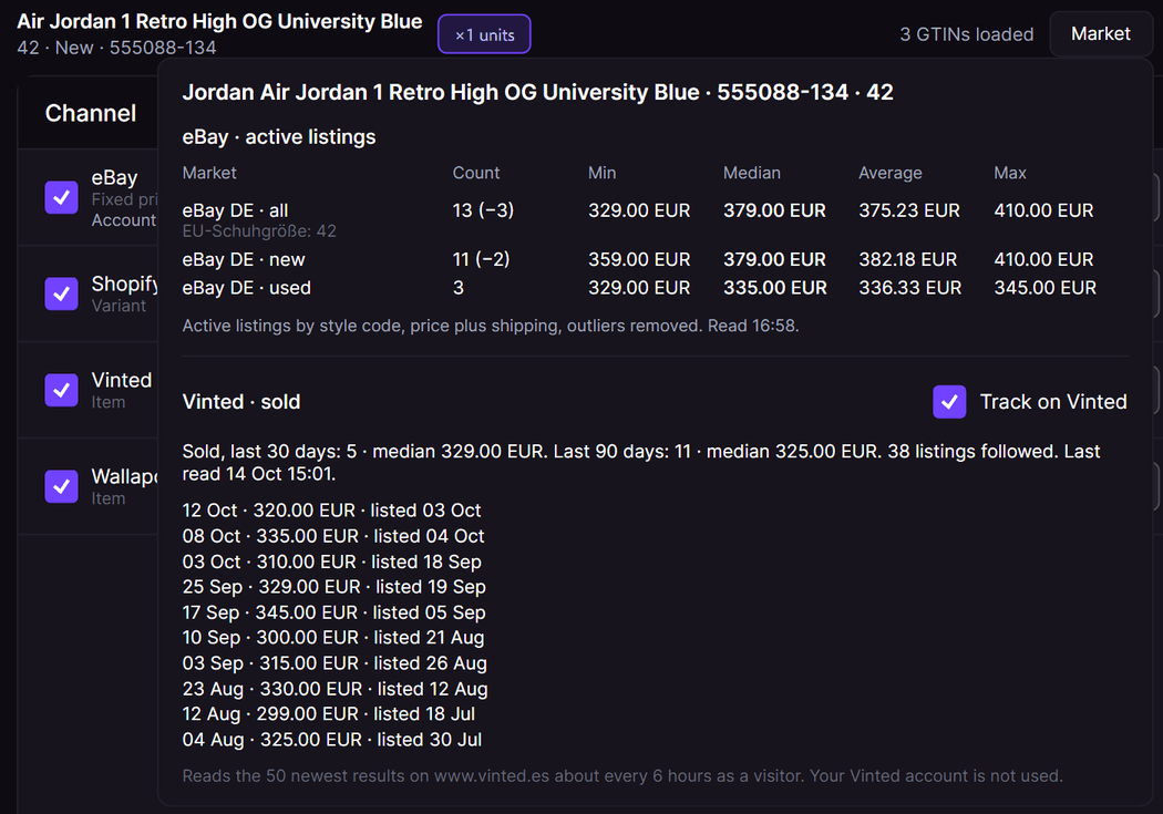 The Market panel of the Publish window: eBay active listings and the Vinted sold prices of the last 30 and 90 days