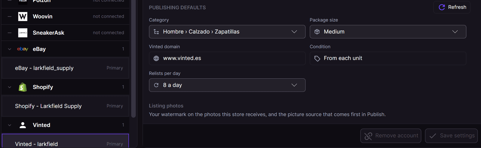 The Publishing defaults of a Vinted account: category, package size, Vinted domain, condition and relists per day