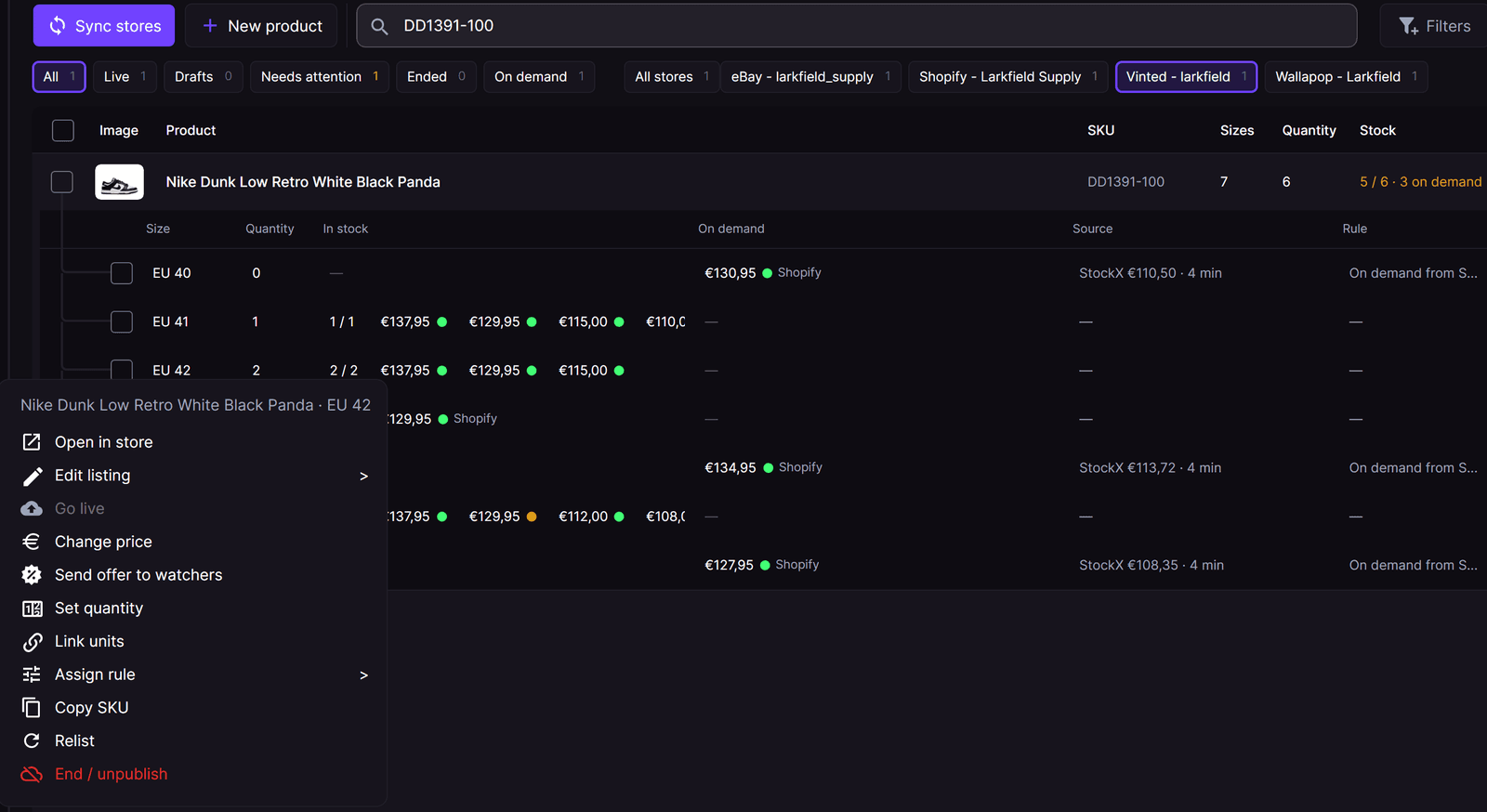 The Marketplace tab filtered to the Vinted account, with the row menu of one size and its Relist entry