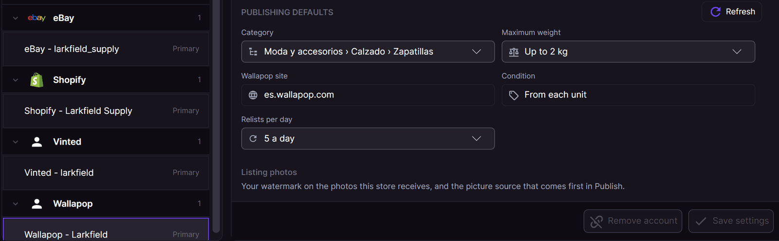 The Publishing defaults of a Wallapop account: category, maximum weight, Wallapop site, condition and relists per day