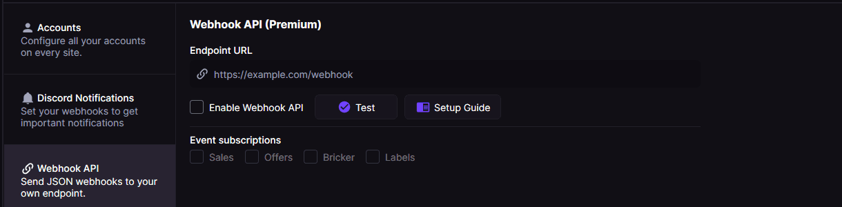 Webhook API configuration in RestocksAIO settings with the endpoint URL and event subscriptions