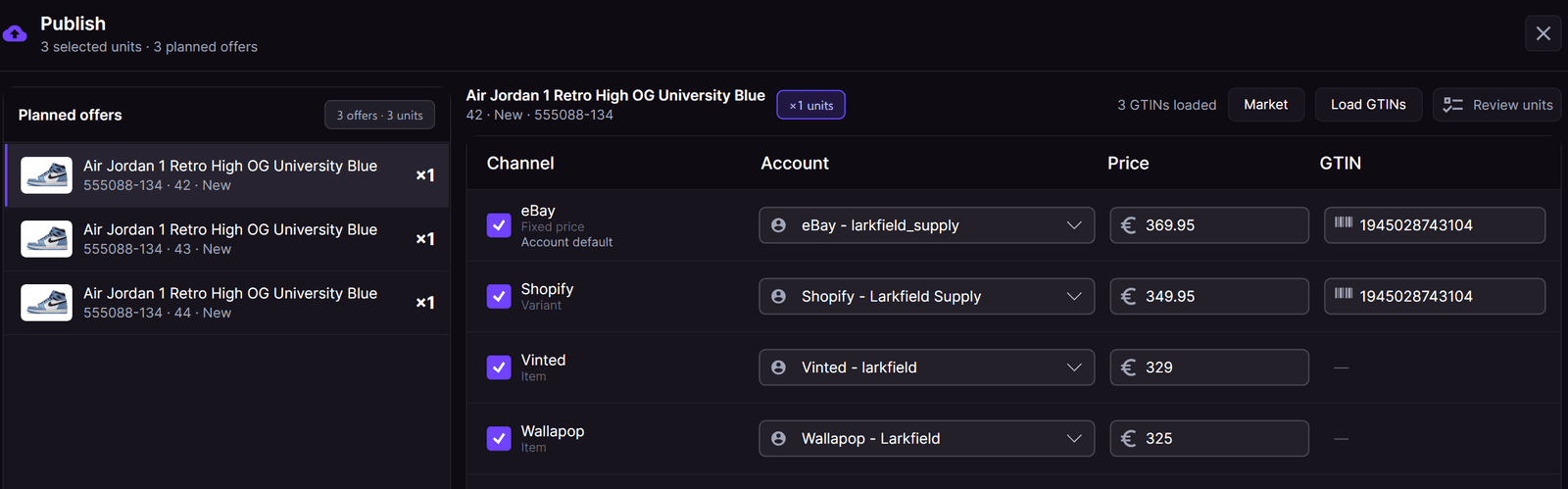 Vinted crosslisting in RestocksAIO: the Publish window with a Vinted price of 329 beside eBay, Shopify and Wallapop