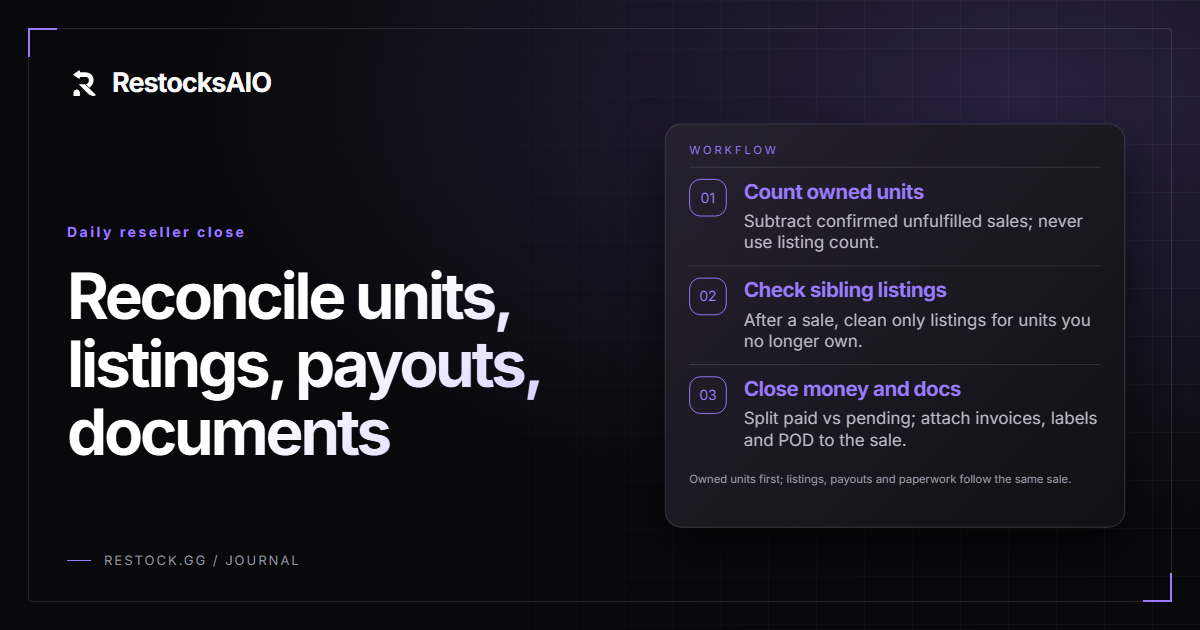 Illustrated RestocksAIO cover: Daily operations: keep owned stock, listings, payouts and documents in agreement