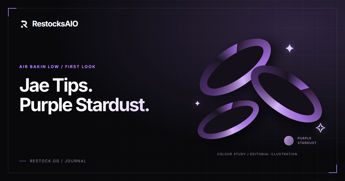 Illustrated RestocksAIO cover: Jae Tips Nike Air Bakin Low “Purple Stardust” first look, Spring 2027