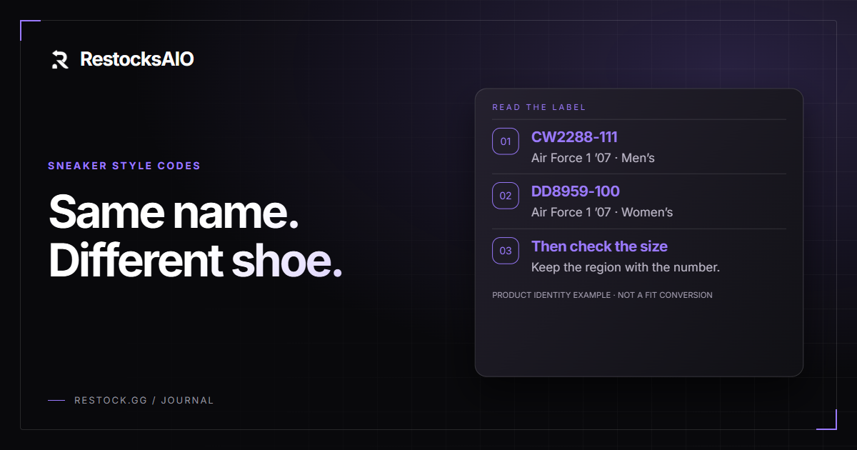 Sneaker identification illustration: match the complete style code, edition and size before comparing listings