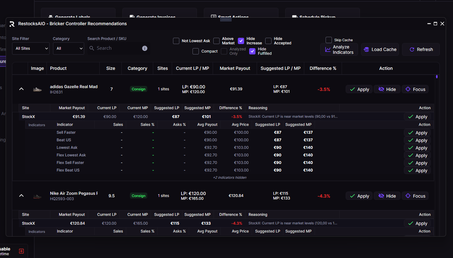 RestocksAIO Bricker recommendations with payout-aware suggestions