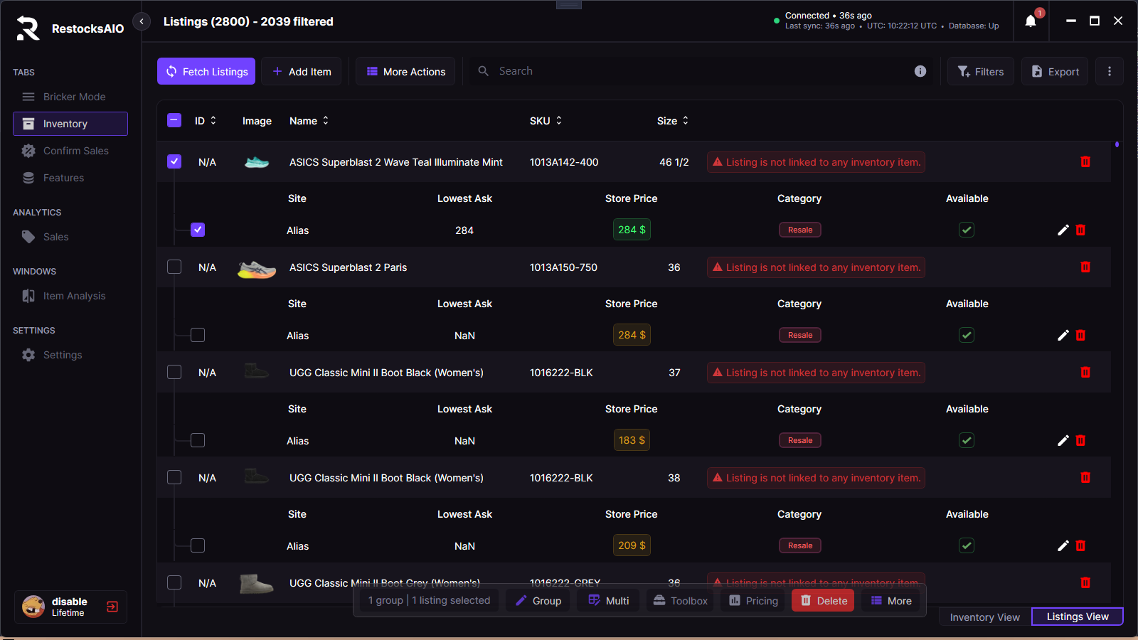 RestocksAIO grouped listings across StockX, Alias and more