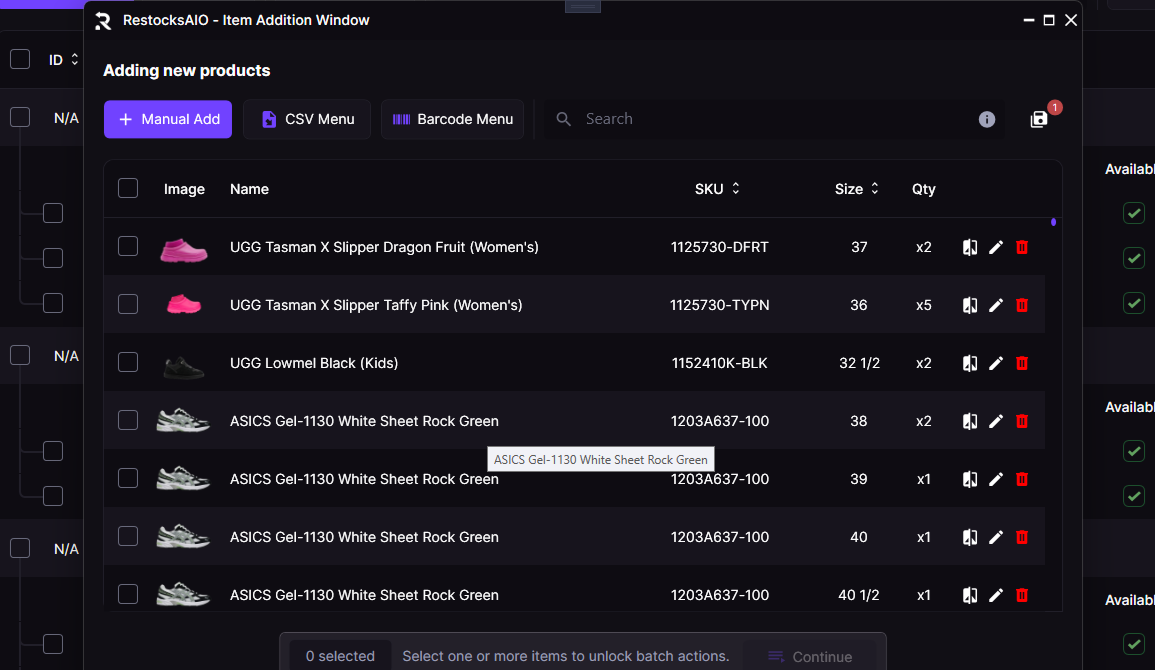 RestocksAIO item addition window with barcode buffer and product groups