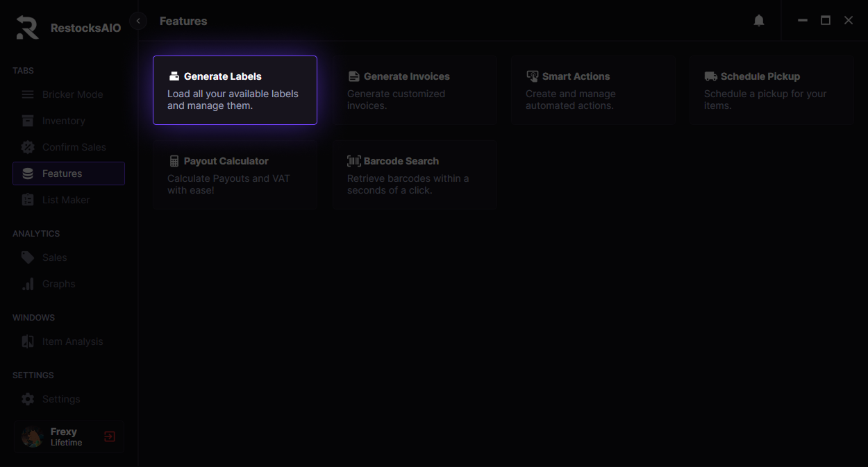 RestocksAIO label generation dialog for volume shipping