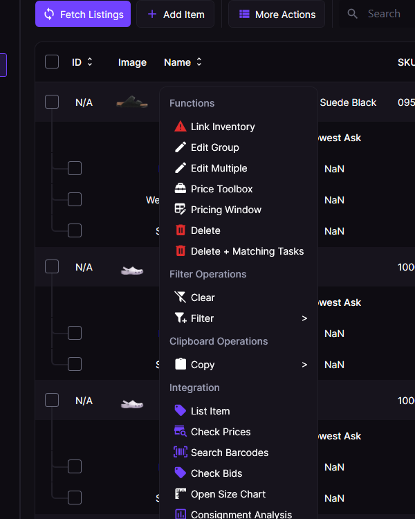 RestocksAIO per-marketplace listing context with payout and eligibility